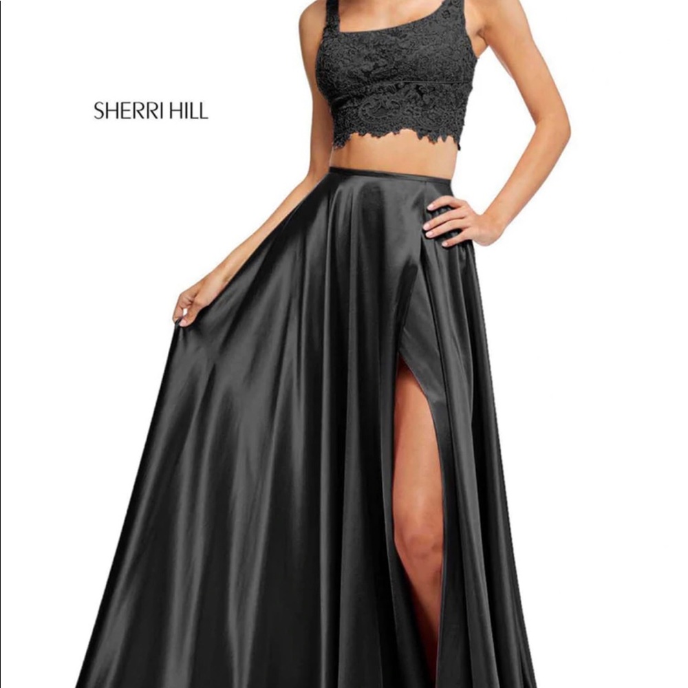 Two-piece A-line gown with lace appliqued bodice by Sherri Hill. SH-52600